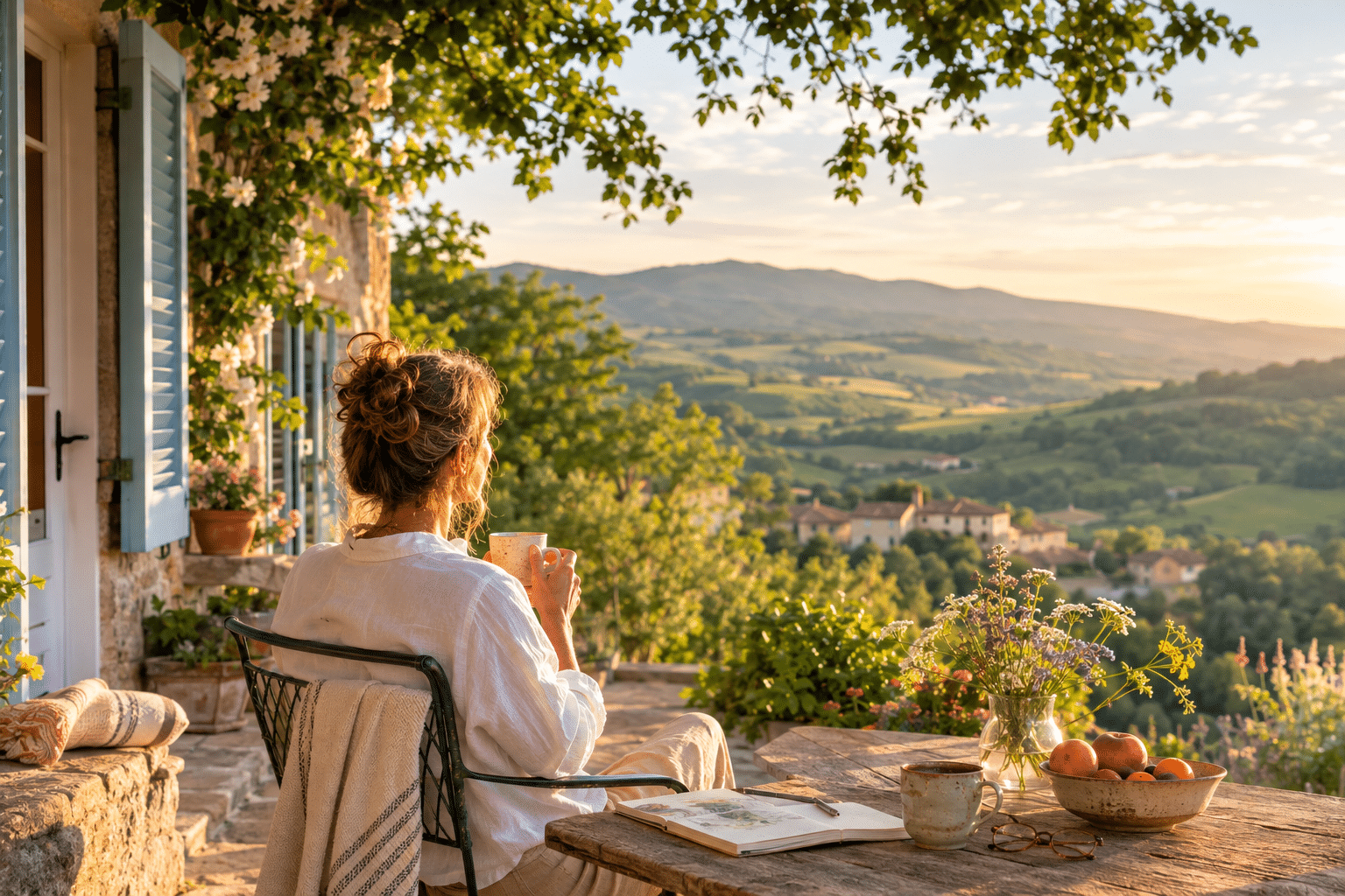 B&B-eigenaar op haar terras met uitzicht over het Italiaanse landschap